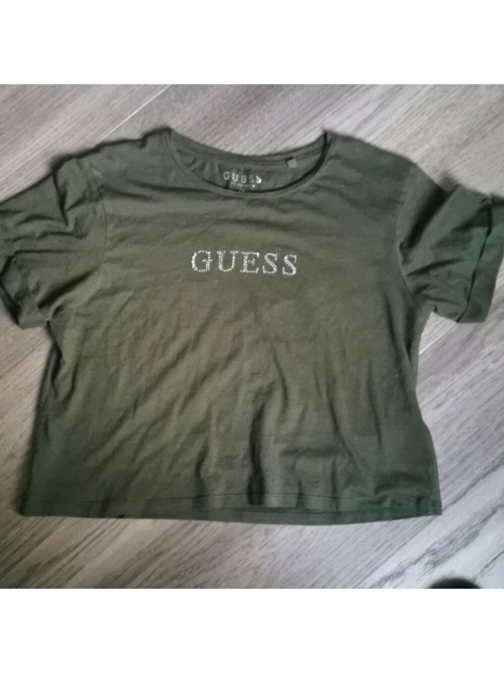 Guess Y2K Vibes olive green bling crop top. Size Medium. EUC